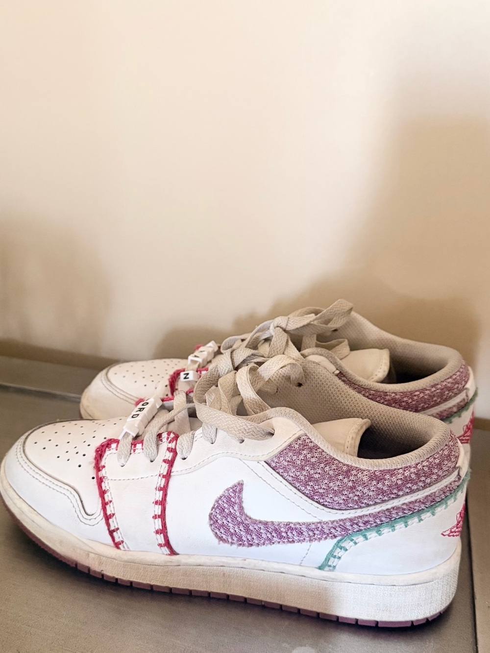 Jordan White Sneakers with Pink and Teal Stitching